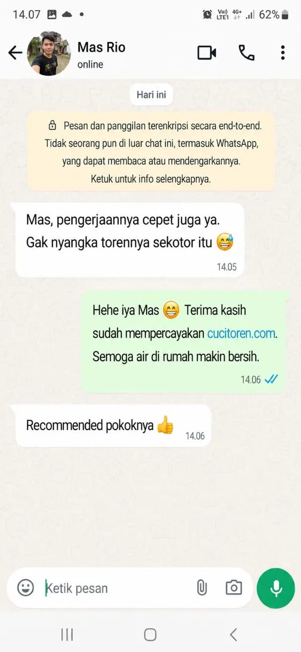 Testimoni Mas Rio Bekasi - Cuci Toren CuciToren.com